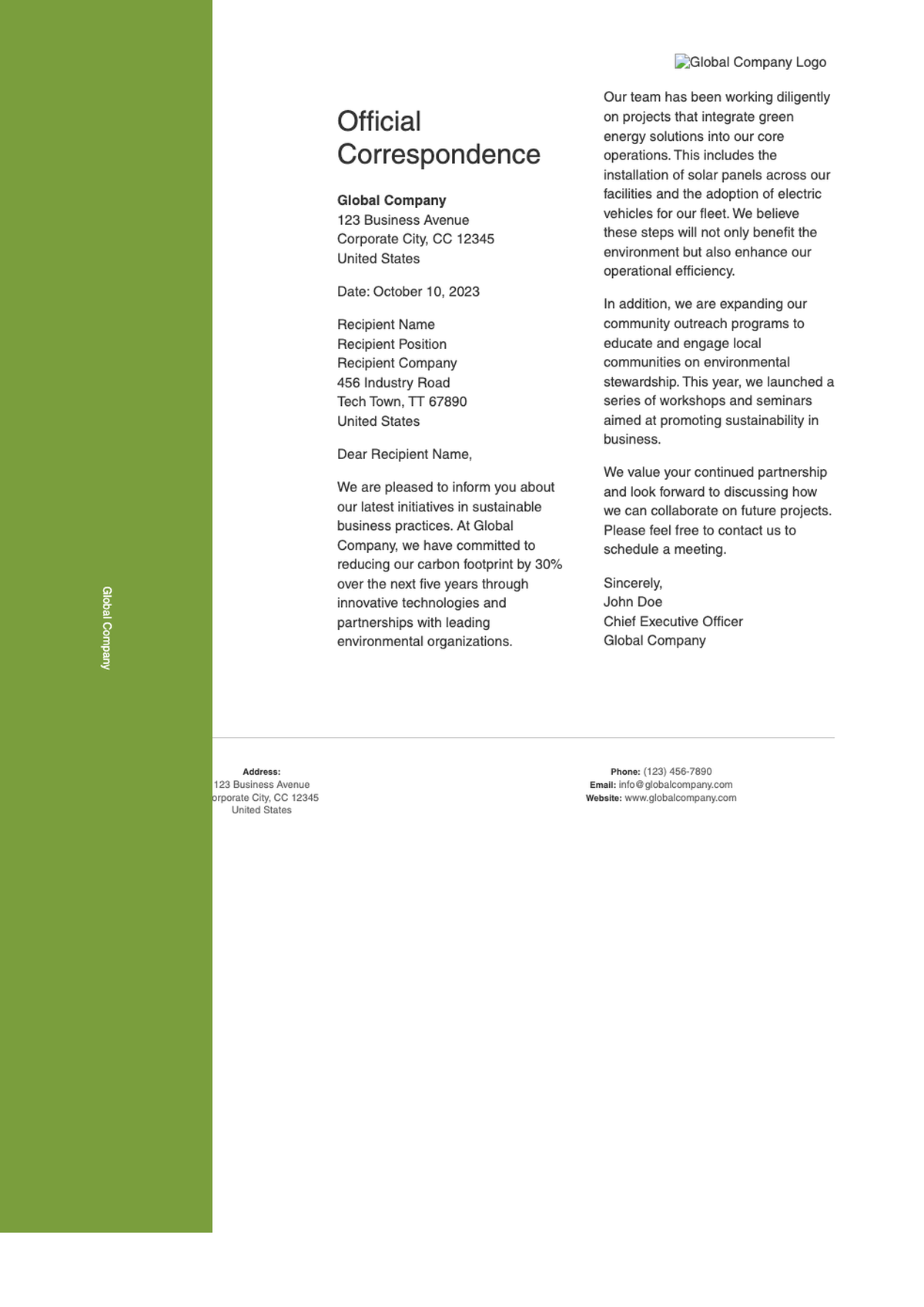 Corporate letterhead with green sidebar and global company branding_variant_2